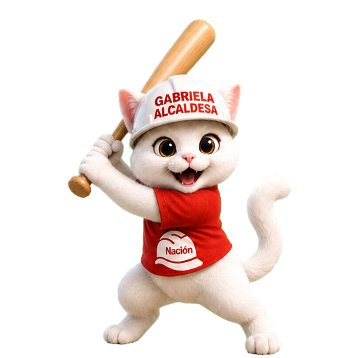 Mascota gatita con casco blanco, camiseta roja y bate de béisbol